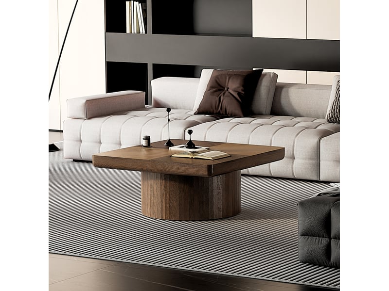  Table basse carrée 78 cm en bois et mdf avec plateau plaqué bois et base cylindrique pour salon coloris noyer  - Conforama E
