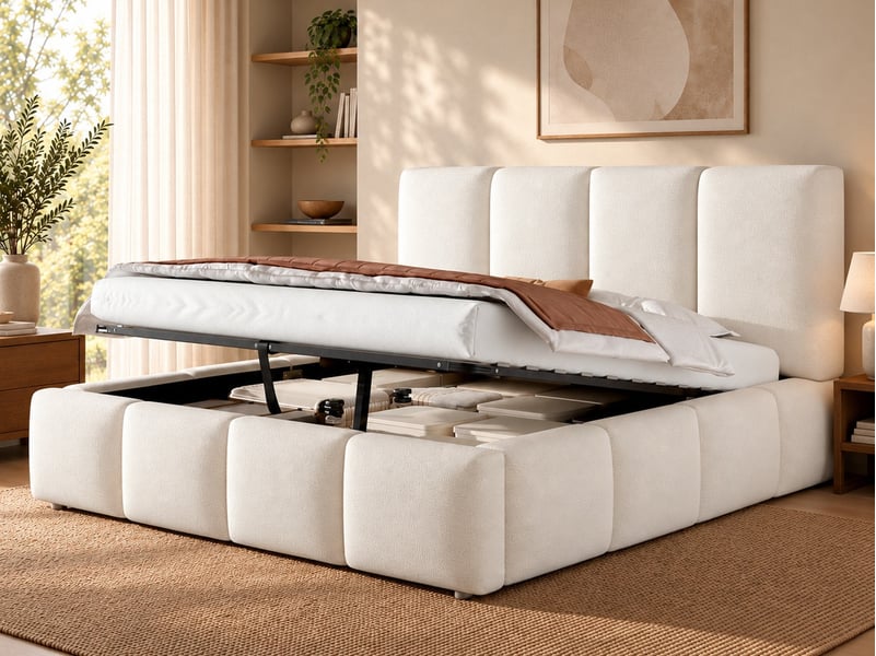  Lit double rembourré 160x200cm, mécanisme hydraulique, sommier lattes, tête de lit et grand rangement, blanc bouclé  - Conforama B