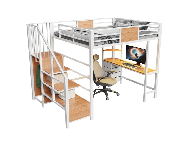  Lit mezzanine en métal 140*200 avec bureau, étagères, penderie, led et prise, blanc multifonctionnel  - Conforama A