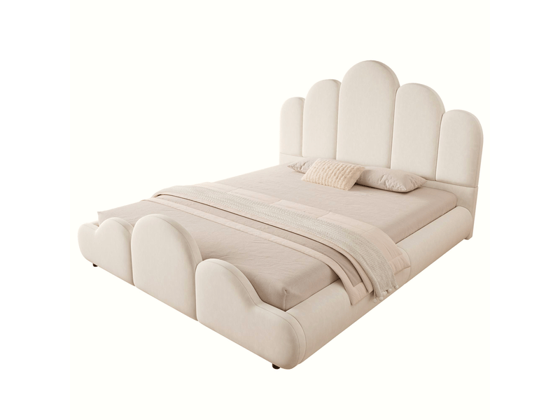  Lit enfant 140x200 capitonné en velours beige - design nuage et coins arrondis  - Conforama A