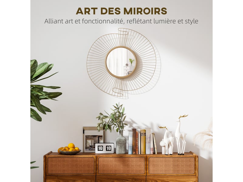  Miroir décoratif rond 60 cm avec fixation à 360°, doré, décoration murale en métal moderne avec détails plissés  - Conforama A