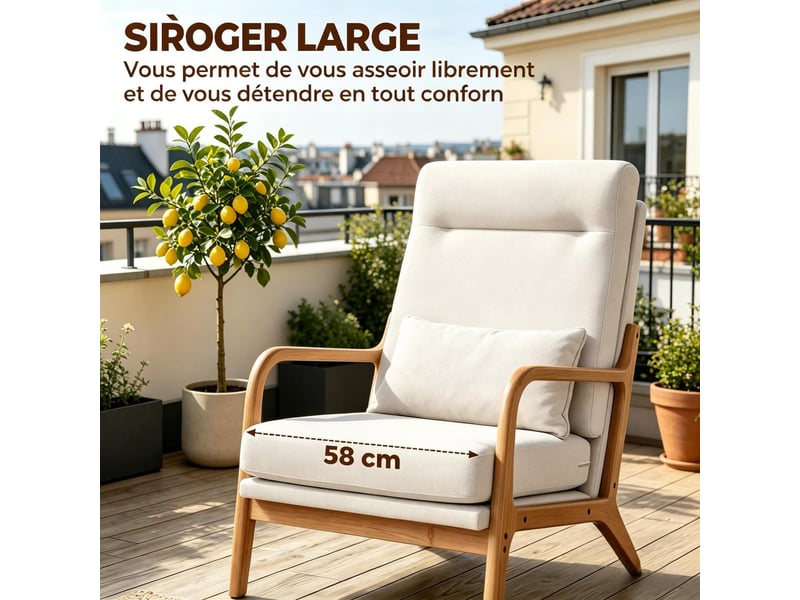  Fauteuil de salon 64x86x93cm – chaise d'accent avec coussin lombaire et dossier haut – lin - beige  - Conforama D