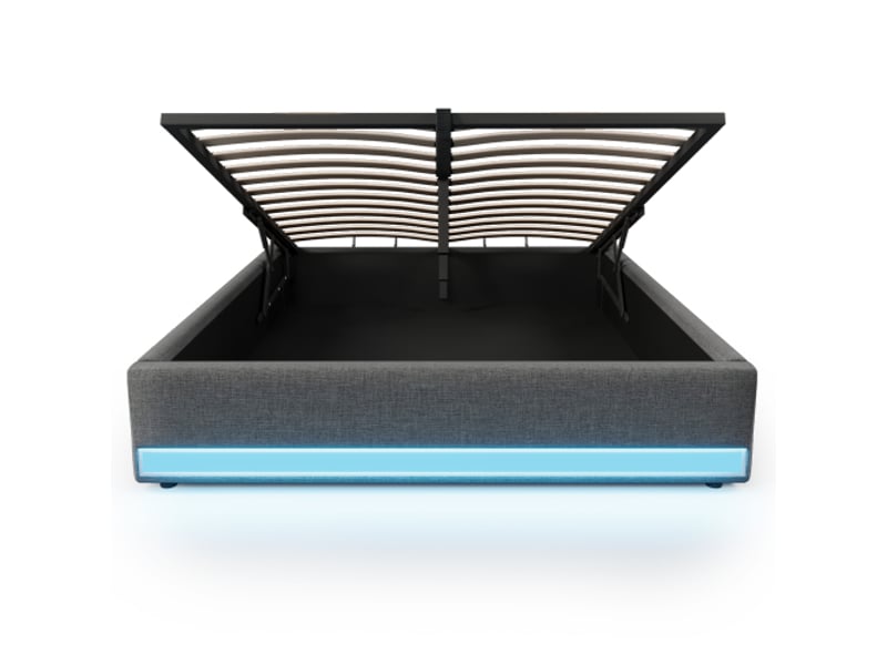  Lit rembourré, 140 x 200 cm, bande led, ports usb et type-c, petites poches de rangement, sans tête de lit, système de rangement hydraulique, matelas non inclus, gris  - Conforama E