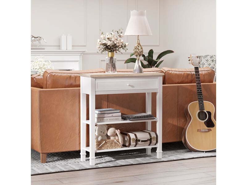  Console blanche et imitation bois avec tiroir et 2 étagères, console d'entrée peu encombrante en mdf, 75,6 x 27,5 x 80,5 cm  - Conforama C