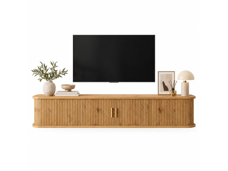  Meuble tv suspendu 170cm avec façade rainurée verticale, en mdf led inférieure réglable, pour salon moderne,bois foncé  - Conforama A