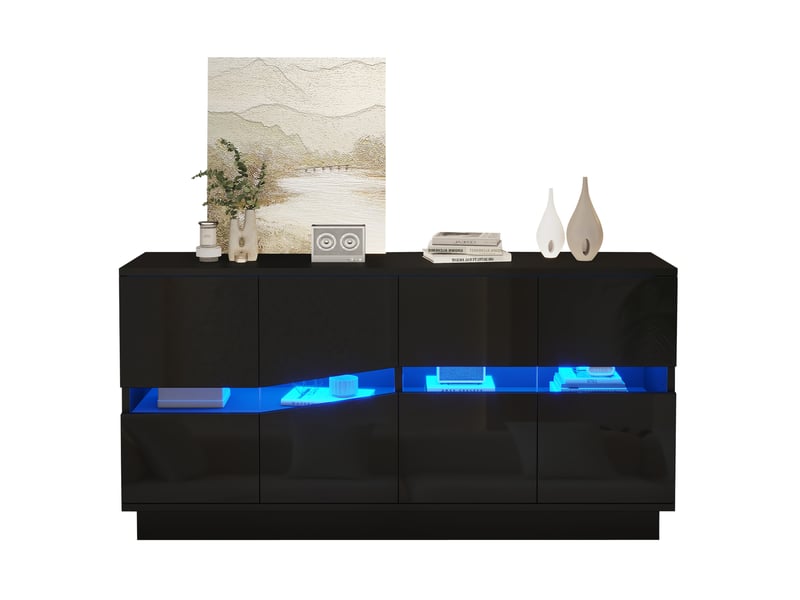  Buffet bas 4 portes avec led bluetooth 140x35x70 cm noir brillant  - Conforama A