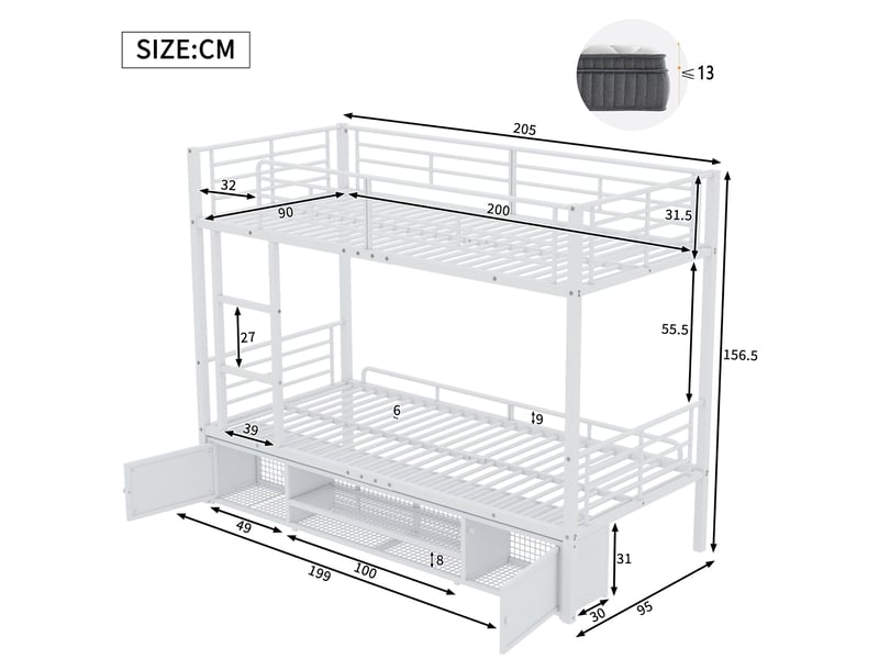  Modenvie lit superposé 90x200 cm - structure en métal, rangement chaussures, sans matelas - blanc  - Conforama C