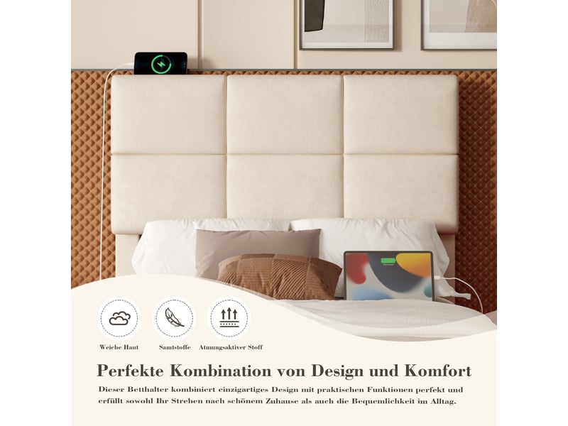 Lit coffre rembourré 90x200 cm en velours avec tête de lit réglable, lit capitonné avec led d’ambiance, usb, usb-c, rangement hydraulique xxl, beige Seren Glow - Conforama E