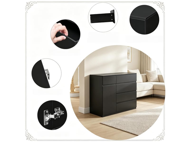  Commode à 5 tiroirs et 1 porte, 100 x 40 x 80 cm, étagère réglable et façades sans poignées, noir  - Conforama E
