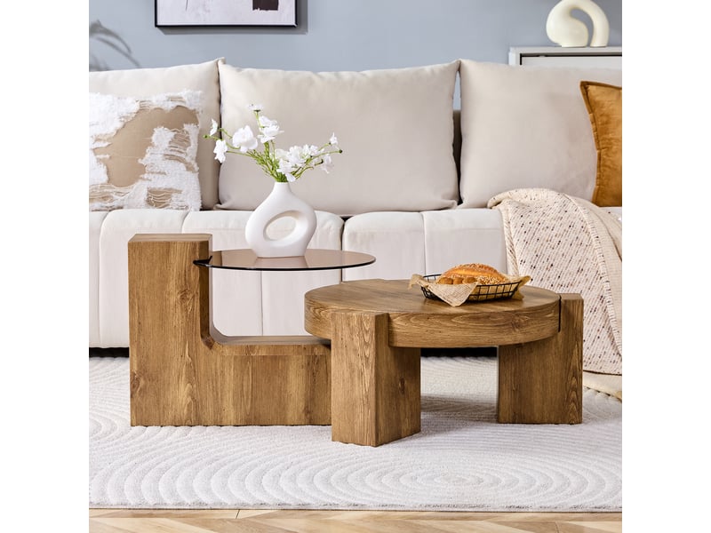 Tables basses gigognes rondes 61x30 cm et 44x44 cm - table de salon avec plateau en verre trempé et bois, pieds en l - naturel - Conforama B