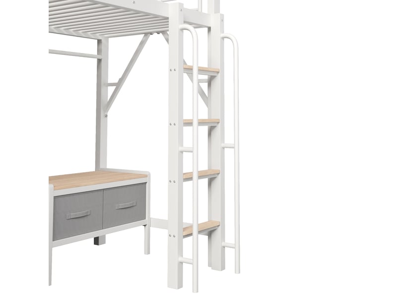  Lit mezzanine 90x200 cm avec bureau et rangements, éclairage led et ports usb, en métal, blanc, sans matelas  - Conforama E