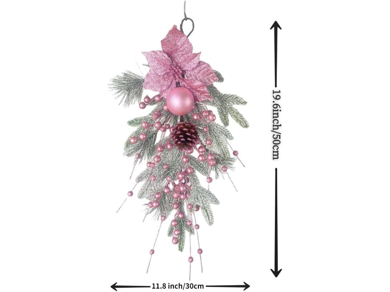  Couronne de noël rose 50 cm avec baies et ornements en goutte, guirlande suspendue pour porte et porche  - Conforama B