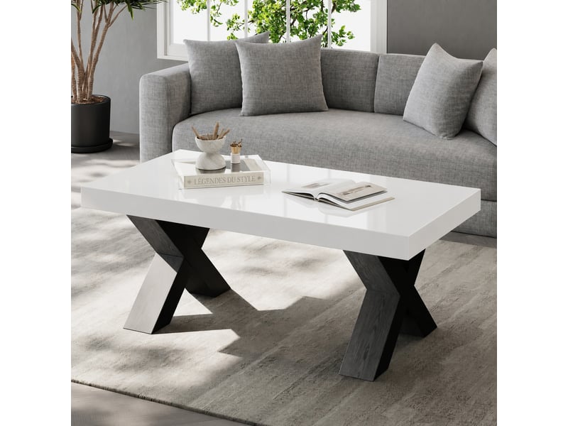  Table basse rectangulaire blanche et noire avec pieds en x, plateau brillant, 100 x 50 x 40 cm  - Conforama B
