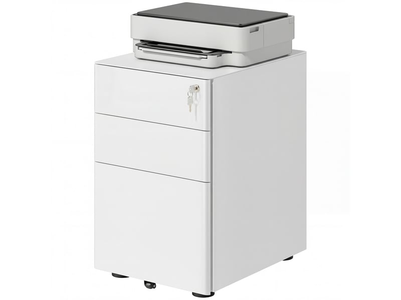 Commode de bureau en acier à 3 tiroirs avec serrure et roulettes, 39 x 48 x 59 cm, blanche  - Conforama B