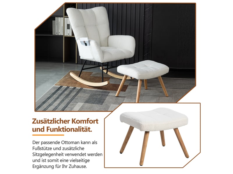  Fauteuil à bascule blanc avec repose-pieds inclus, tissu bouclette  - Conforama D