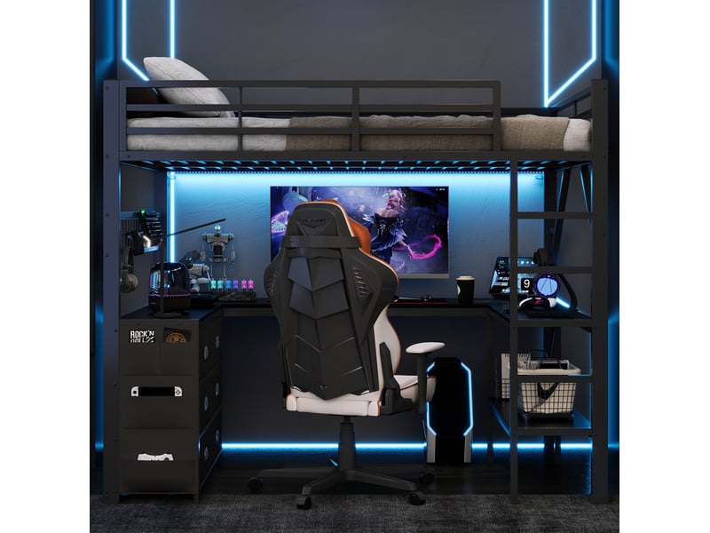  Lit mezzanine 140 × 200 cm avec bureau, rangements, étagères et éclairage led en métal noir, chambre enfant  - Conforama D