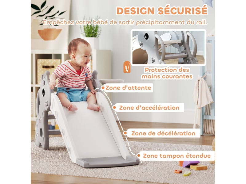  Toboggan pour enfants 3 en 1 en forme de girafe avec panier de basket, escalade et ballon, 106 x 51,5 x 52 cm, gris  - Conforama R
