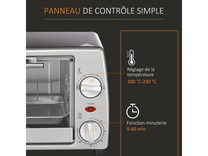  Mini four électrique 10l 1 grille et 1 plateau, température réglable de 100°c à 230°c, 36,5x26x22 cm, minuteur 60 min  - Conforama W