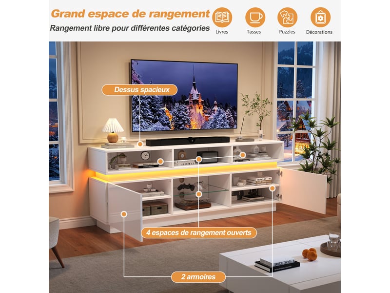  Meuble tv bas modenvie led 160 x 35 x 60 cm 10 espaces de rangement mdf et verre trempé blanc  - Conforama E