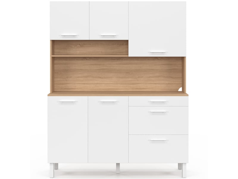  Buffet casserolier de cuisine 140 cm cina 5 portes + 3 tiroirs façon hêtre et blanc  - Conforama C