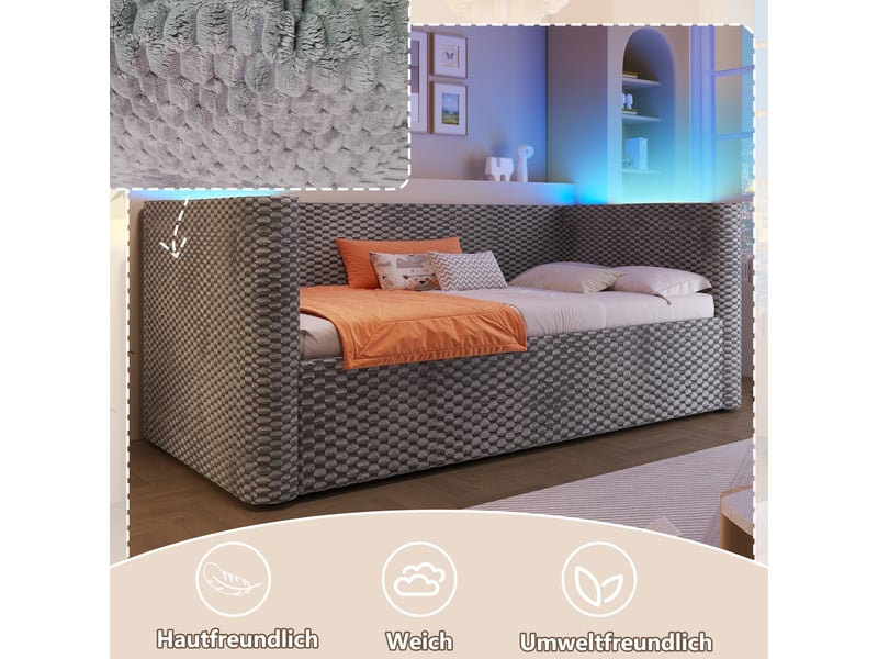  Lit de jour 90x200 canapé lit velours gris avec éclairage led et coffre hydraulique  - Conforama E