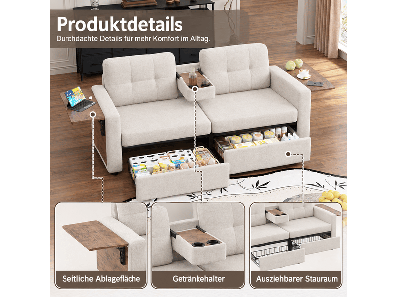  Canapé 2 places en chenille avec rangement intégré, table d’appoint réglable et porte-gobelets - beige  - Conforama E