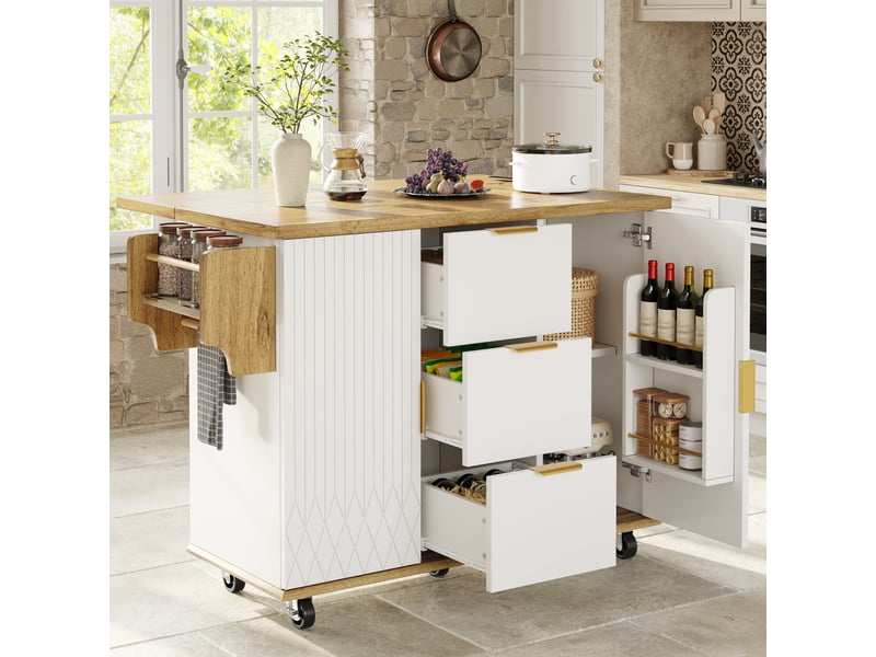  Îlot de cuisine mobile avec deux tabourets, prise électrique intégrée, plateau rabattable, 3 tiroirs et 2 placards, blanc effet bois  - Conforama E