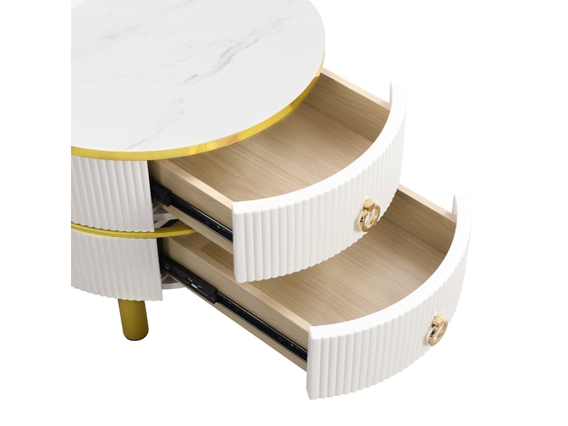  Table basse ronde 2 en 1 en mdf, 1 plateau blanc et 1 plateau en verre trempé brun, 2 tiroirs, blanc et or  - Conforama D