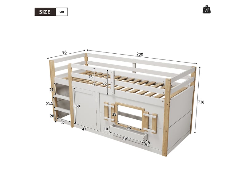  Lit mezzanine enfant 90 x 200 cm avec sommier, échelle et espace de jeu blanc  - Conforama C
