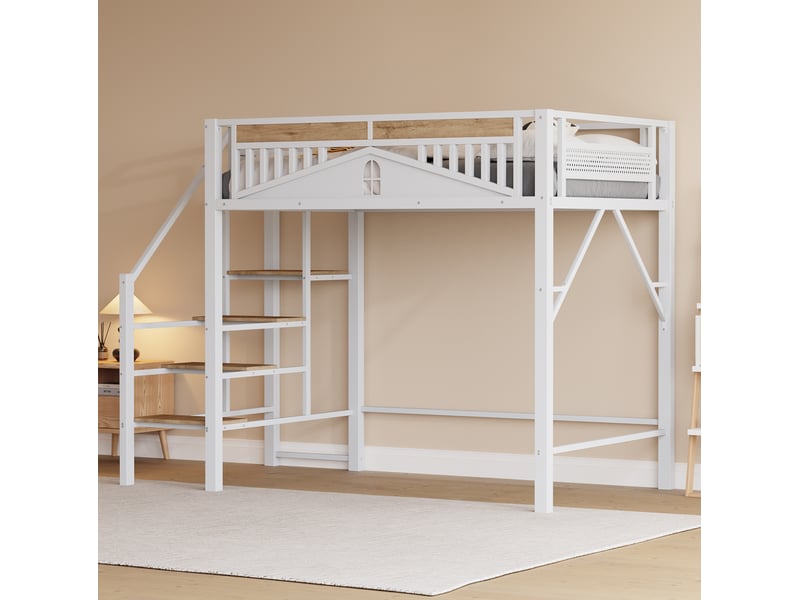  Lit mezzanine 140x200 cm avec échelle de sécurité et espace de rangement, blanc  - Conforama B