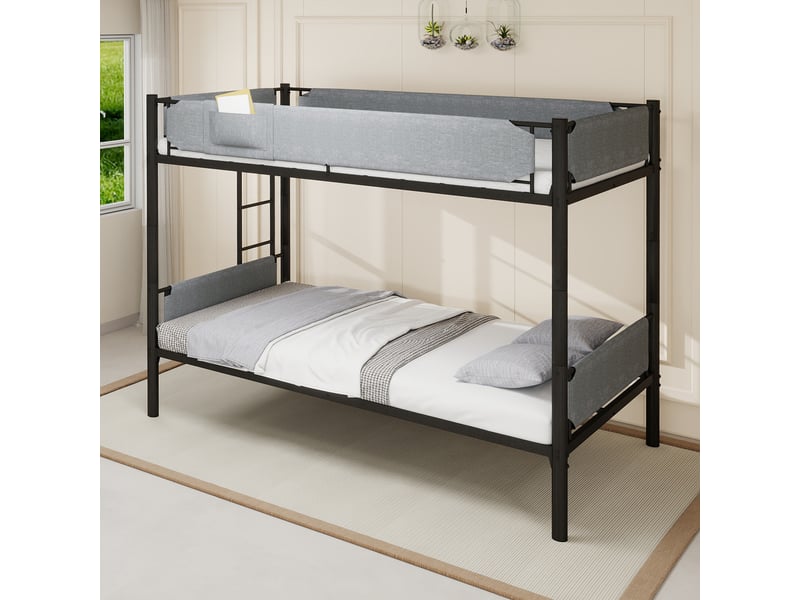  Lit superposé 90x190 cm,séparable en 2 lits, garde-corps textiles amovibles, rangement et échelle, métal, noir  - Conforama D