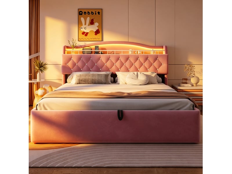  Lit coffre 180x200 cm led usb usb-c, tête de lit rangements, velours et métal, rose sans matelas  - Conforama D