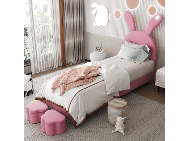  Lit capitonné 90x200 rose velours français avec rangement et oreilles de lapin - éclairage led  - Conforama D