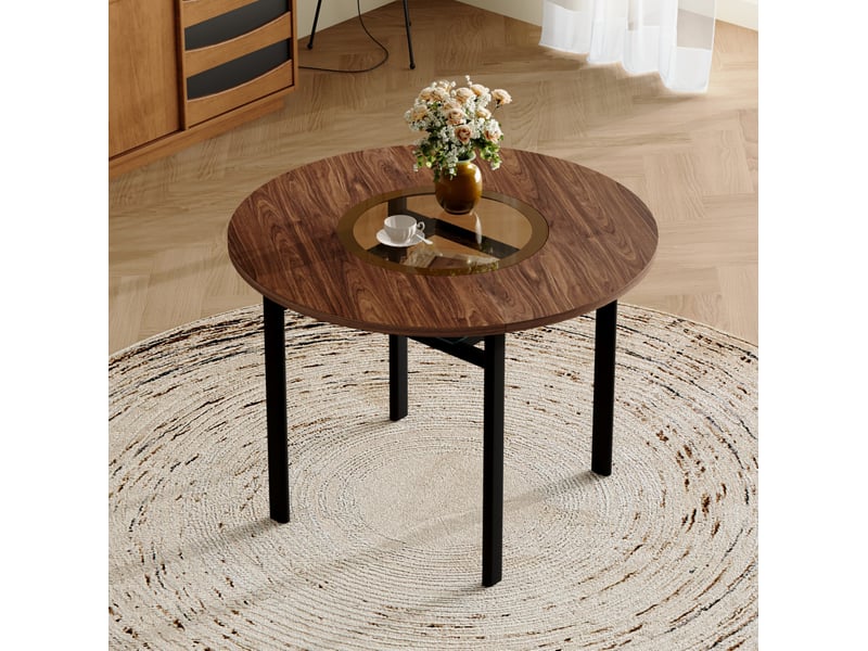  Table ronde, 100 cm, table repas table à manger, pratique, plateau mdf, verre et bois, piètement métal, coloris noir  - Conforama B