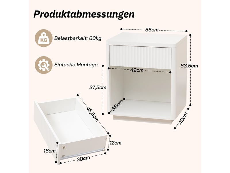  Lot de 2 tables de chevet,55x40x63,5 cm,tiroir et niche,mdf,blanc  - Conforama C