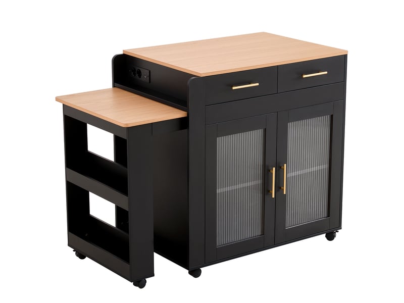  Îlot de cuisine extensible noir avec rangement, roulettes et prises intégrées  - Conforama A