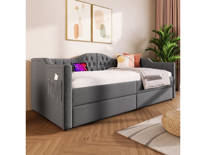  Banquette-lit 90x190 cm – tissu gris, usb-c, 2 tiroirs de rangement, structure compacte  - Conforama B