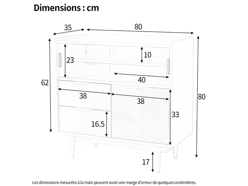  Buffet meuble de rangement 80x35x80 cm, portes en verre, éclairage led réglable, meuble salon et cuisine, mdf blanc  - Conforama C