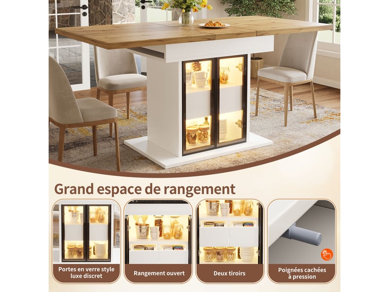  Table à manger extensible blanc, 2 tiroirs, rangement, portes vitrées, éclairage led, confort, solide - mdf et métal - 110x80x77.9cm  - Conforama B