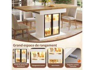 Table à manger extensible blanc, 2 tiroirs, rangement, portes vitrées, éclairage led, confort, solide - mdf et métal - 110x80x77.9cm