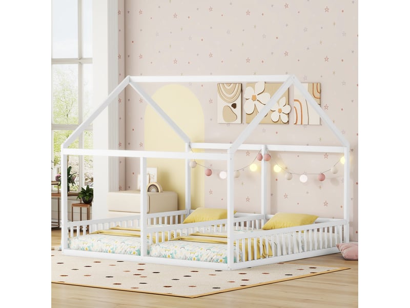  Lit enfant 2 en 1 avec deux couchages 90 x 200 cm, barrières, blanc, bois et mdf  - Conforama E