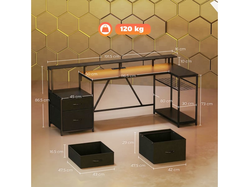 Bureau d'angle gaming avec station de charge, éclairage led et support pour écran, en bois et acier, 192,5 x 80 x 86,5 cm, noir  - Conforama D