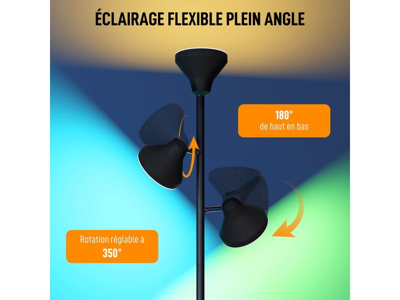  Lampadaire led lampadaires sur pied salon dimmable 2700k-6000k 4150 lm 3 têtes rotatives ø 25 x 170 cm noir  - Conforama E
