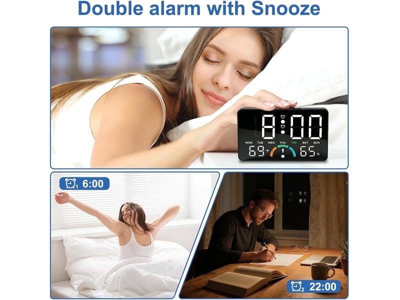  Réveil numérique led-horloge digitale de chevet avec 2 alarmes,contrôle sonore,port de charge usb,température et humidité-réveil luminosité réglable  - Conforama E