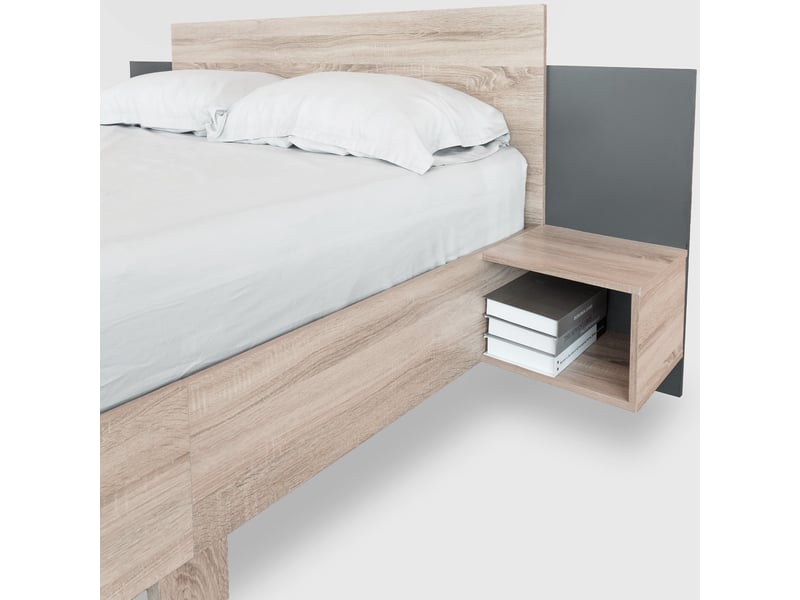 Ensemble de lit double 160x200 cm en bois moderne avec 2 tables de nuit, chambre à coucher complète - chêne sonoma et gris foncé Morn Vibe - Conforama E