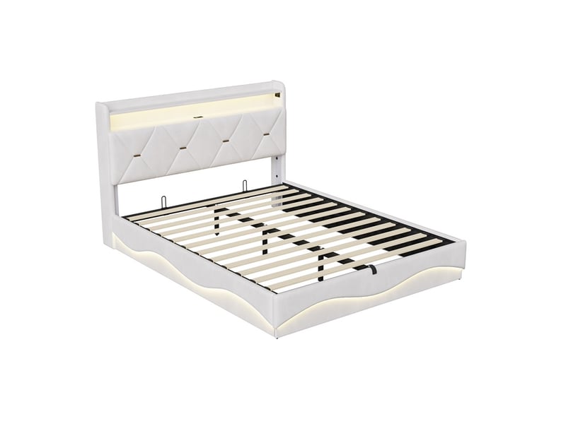  Lit 160x200cm - lit coffre 160x200cm - lit hydraulique avec tête de lit à rangement, led rgb, ports usb et type-c - beige  - Conforama A