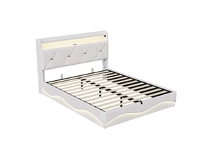 Lit 160x200cm - lit coffre 160x200cm - lit hydraulique avec tête de lit à rangement, led rgb, ports usb et type-c - beige
