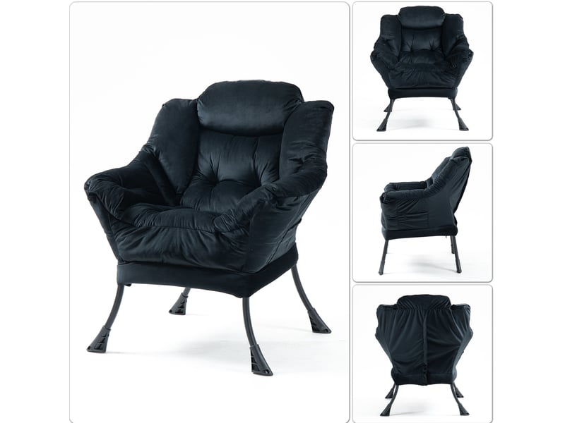  Fauteuil relaxant noir à structure métal avec poche latérale et soutien de nuque, pour vos moments de détente  - Conforama D