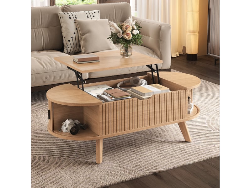Table basse ovale 110x50x53.5 cm en mdf avec rangement, coloris naturel - Conforama E