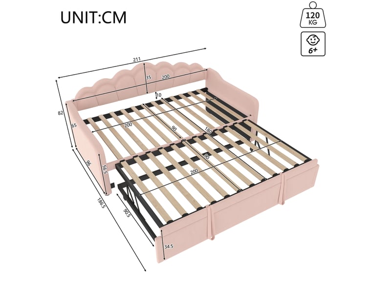  Modenvie lit banquette gigogne 90x200 cm - velours, led multicolore, sans matelas - rose  - Conforama C